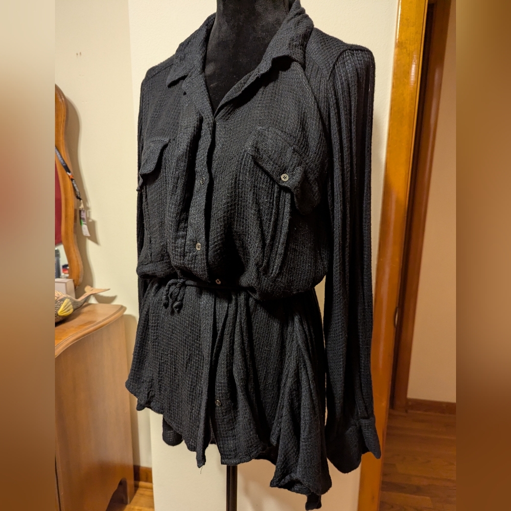Free People Black Waffle Knit High Low Tie Waist Tunic Top